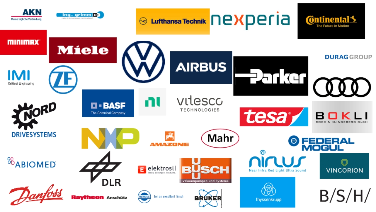 Eine Collage der Logos von Kunden. Unter anderem Tesa, Lufthansa, VW und Thyssen Krupp.