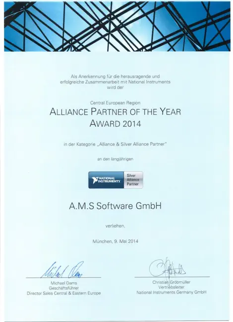 Urkunde zum Alliance Partner of the Year 2014.