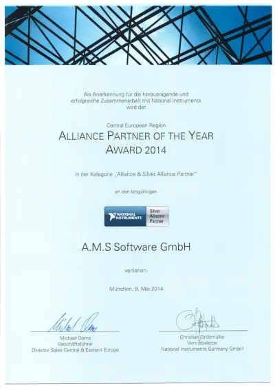 Urkunde zum Alliance Partner of the Year 2014.